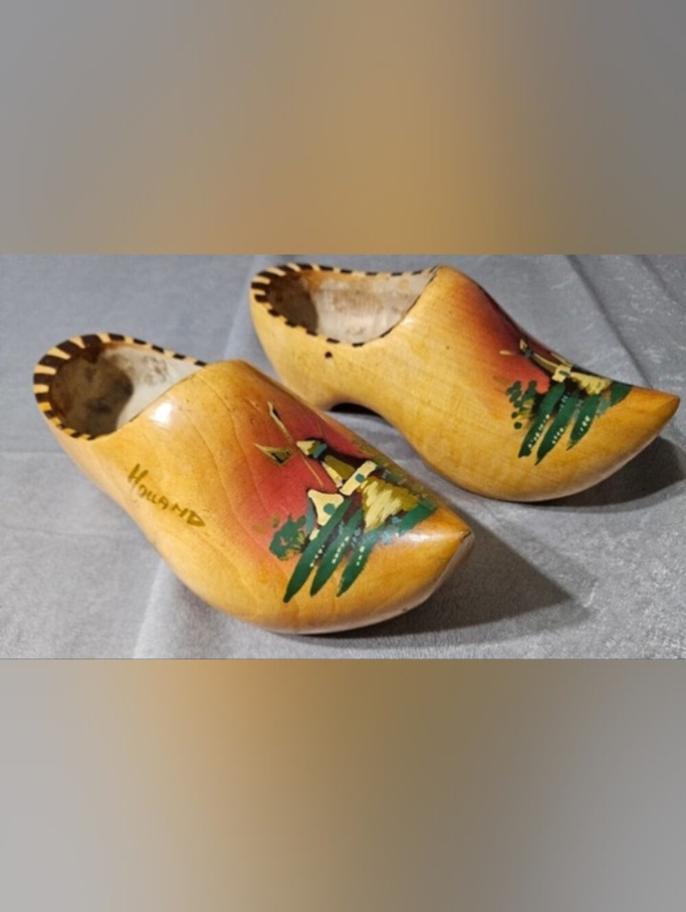 Wooden Clogs! Hand Made In Holland! Hand Painted Yellow, Red & Green Accents